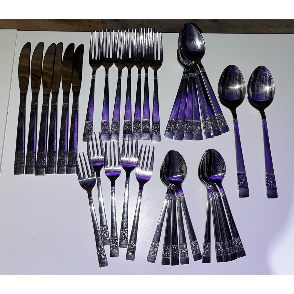 Lot of 37 Continental Silver CSS29‎ Stainless Flatware Floral Black Accent